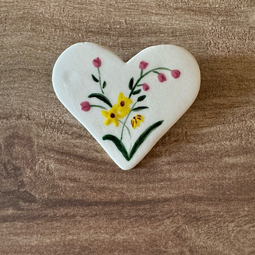 Vintage Ceramic Clay Hand Painted Floral Heart Brooch Pin